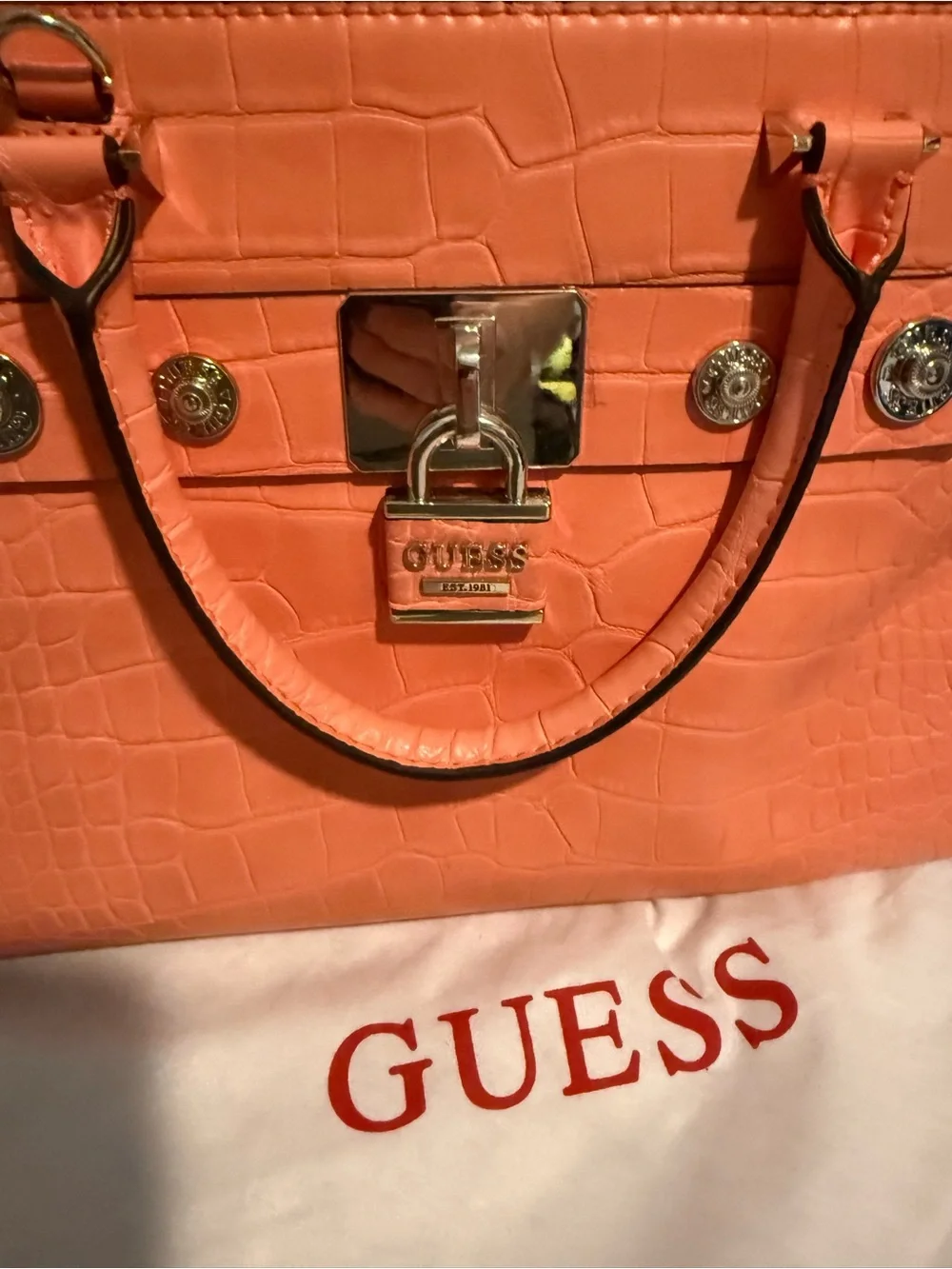 GUESS Coral Croc-Embossed Satchel with Padlock Accent